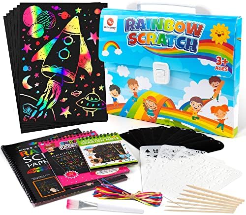 Mocoosy 140PCS Scratch Art Paper Set for Kids, Rainbow Magic Scratch Art Combo Include Black Scratch Off Paper Sheets, Scratch Notebook, Scratch Bookmarks Arts and Crafts for Kids Girls Gifts Age 3-10