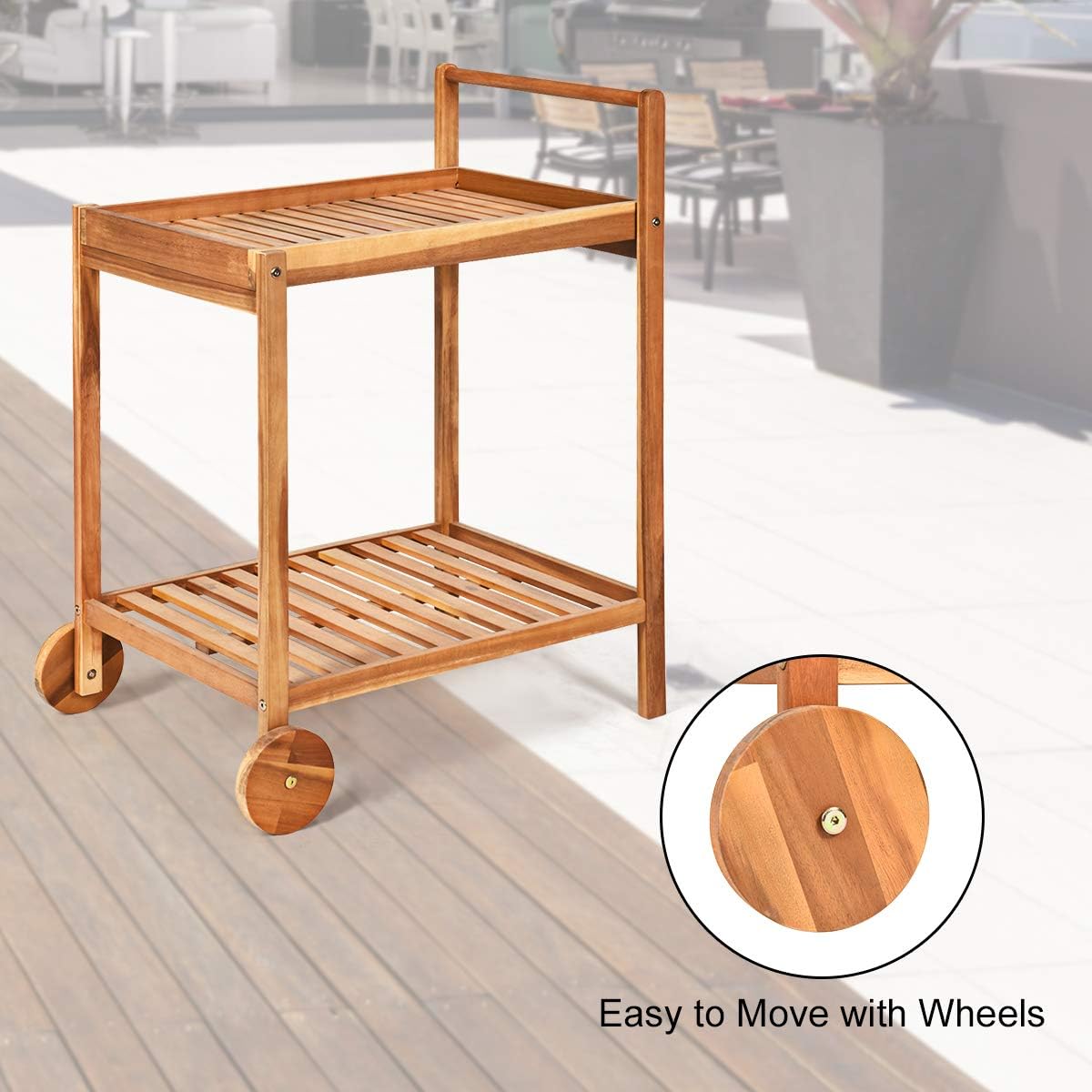 Tangkula Outdoor Acacia Wood Serving Cart, Patio Bar Cart Rolling Trolley Cart with 2 Trays, Portable Kitchen Serving Cart w/Wheels, Ideal for Business, Dining Room, Garden, Patio (Teak) : Patio, Lawn & Garden
