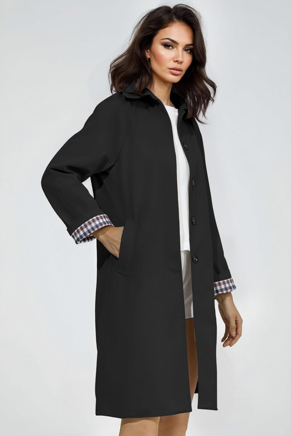Windproof Women's Long Single Breasted Trench Coat Oversized Style with Checkered Lining All-Season Fashion Outerwear - Image 2