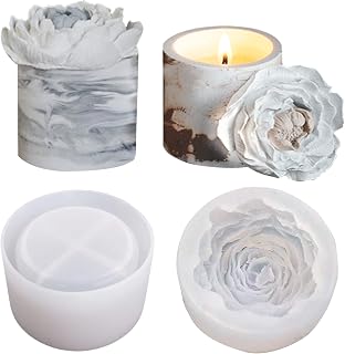 Concrete Plaster Molds - Silicone Concrete Candle Jar Molds with Large Peony Flower Design, Includes Lids and Vessels for Candle Making