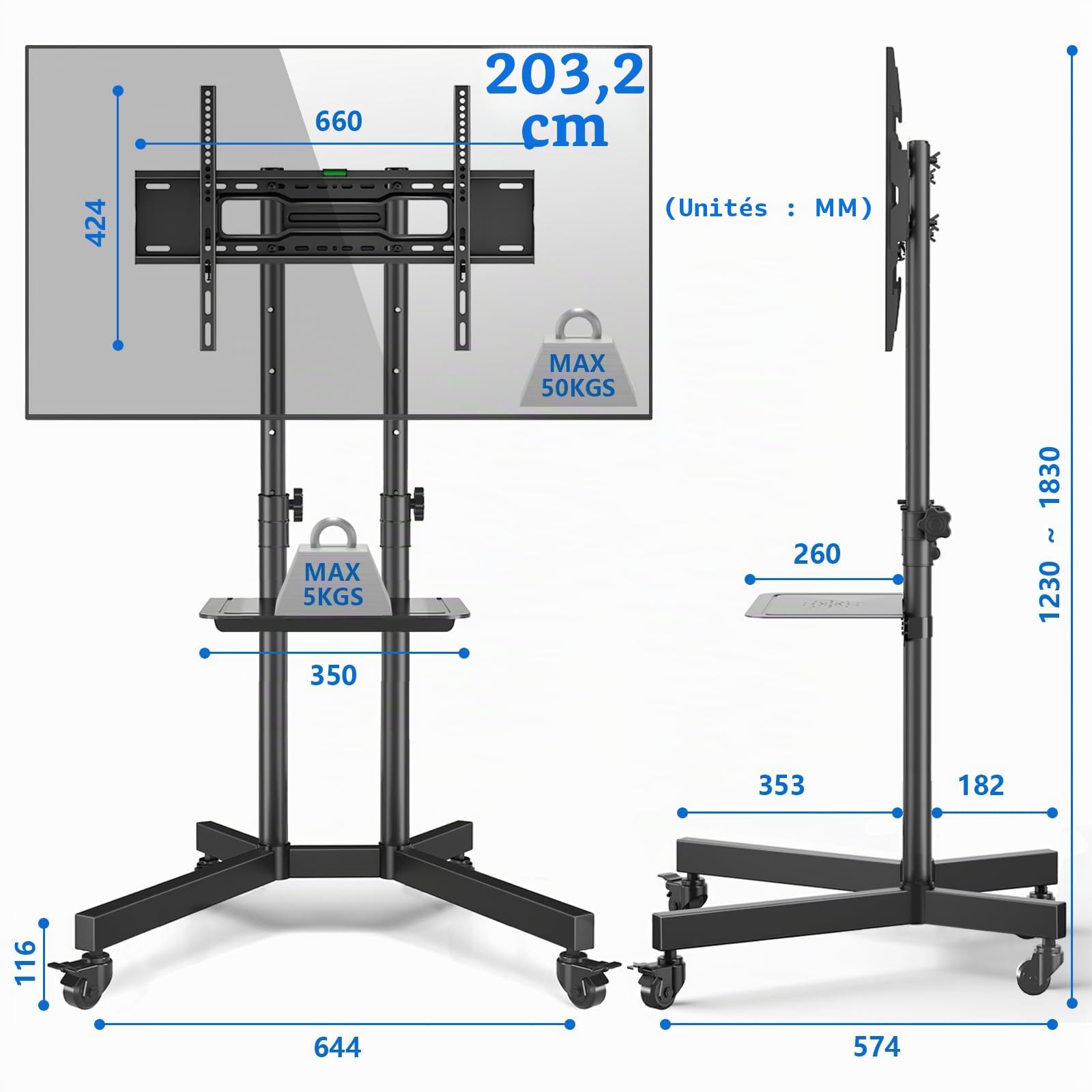 RFIVER Support TV sur Pied Roulant, Meuble/Support TV roulettes Mobile pour Télévision Plasma/LCD/LED/OLED de 32-80 Pouces, Pied Charge Max de 50kg, Max VESA 600x400 mm