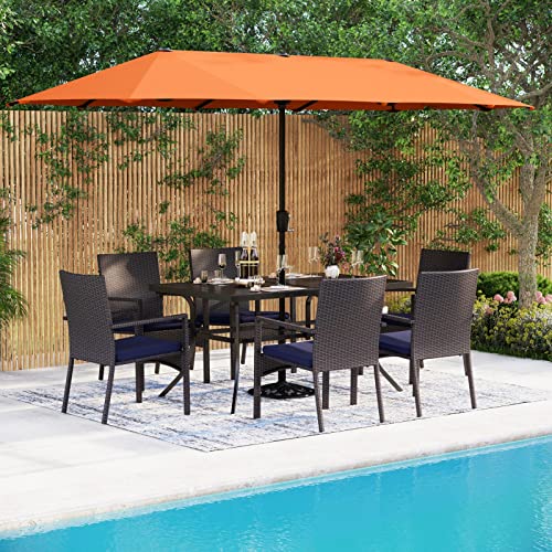 MFSTUDIO 8 Piece Patio Dining Set with Orange Red Umbrella, 6 Rattan Dining Chairs, 1 Rectangle Large Metal Dining Table, Outdoor Set for Backyard Lawn Poolside MFSTUDIO 8 Piece Patio Dining Set with Orange Red Umbrella, 6 Rattan Dining Chairs, 1 Rectangle Large Metal Dining Table, Outdoor Set for Backyard Lawn Poolside