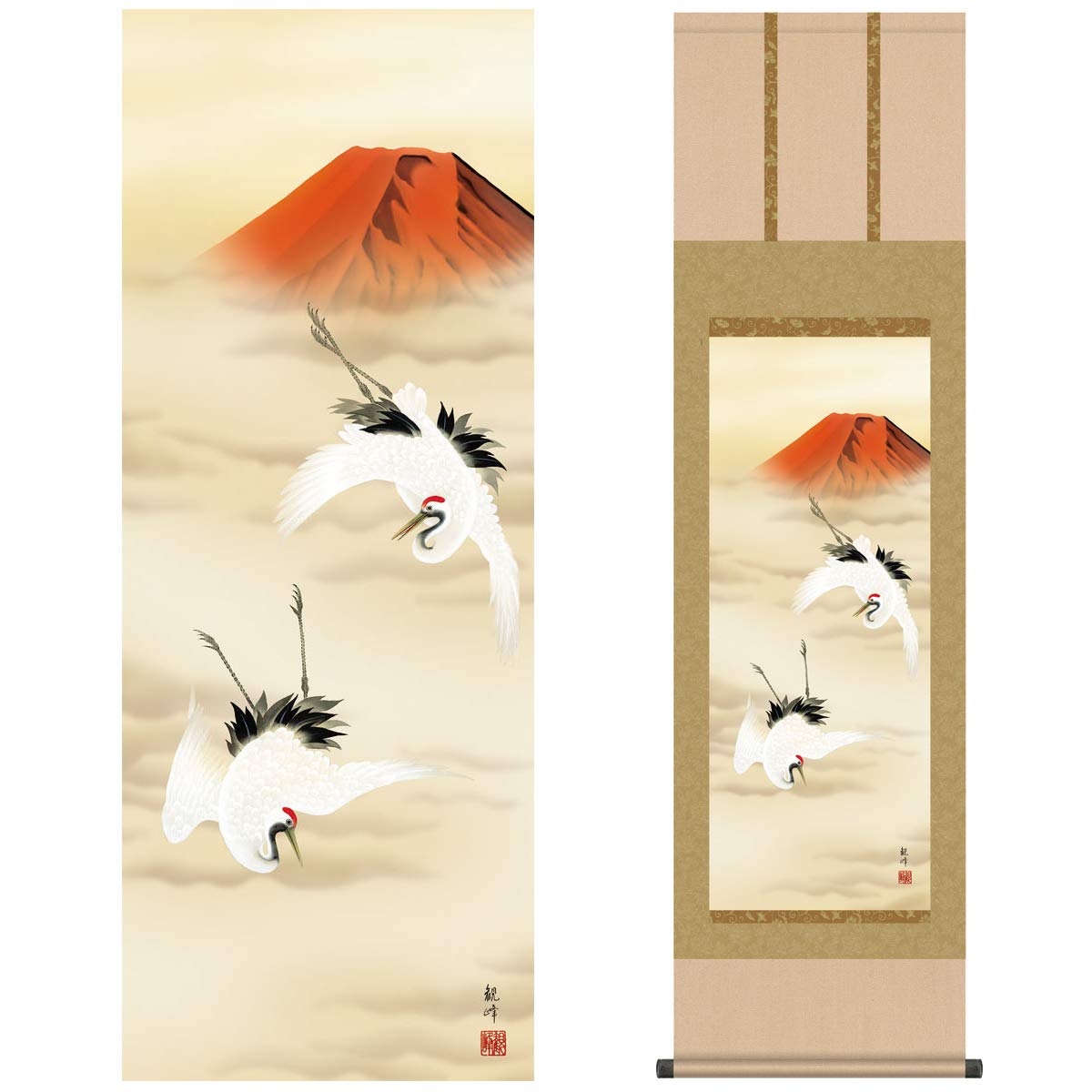Amazon.co.jp: 掛け軸 モダン 尺三 慶祝画掛軸 赤富士双鶴 山村 観峰