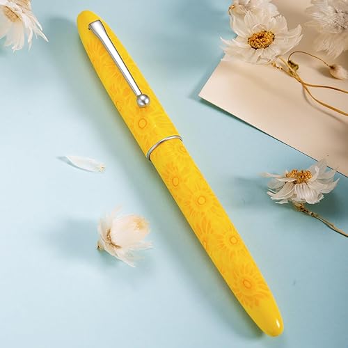 Miniatura 9 de Hongdian C3 - Pluma estilográfica, punta fina de iridio suave, talla de nudo chino, diseño de pintura de girasol amarillo brillante con caja de metal