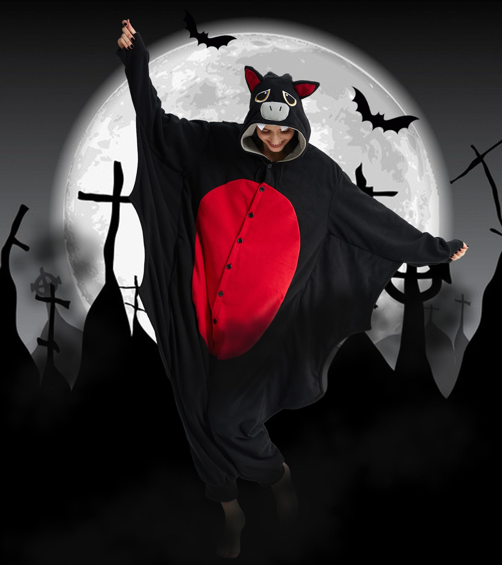 Dodheah Murciélago Pelele Adulto Pijamas de Halloween Negro Animal Cosplay Costume Pijama de Una Pieza para Mujeres Hombres