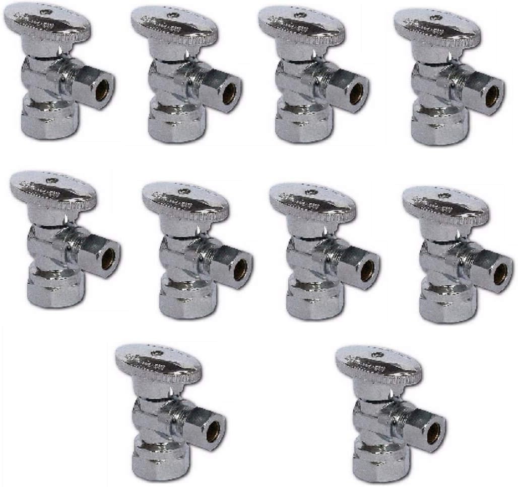 (10-Pack) EZ-Fluid 1/2” FIP x 3/8” OD Compression Chrome Brass Angle Stop Valve, 1/4 Turn Handle,Water Shut Off Ball Valve for Faucet, Toilet, Sink Lead-Free