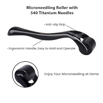 Derma Roller Titanium, Microneedling Roller with 540 Needles, Micro Needle Roller for Men and Women Skincare Tool Home Use - Charcoal Black