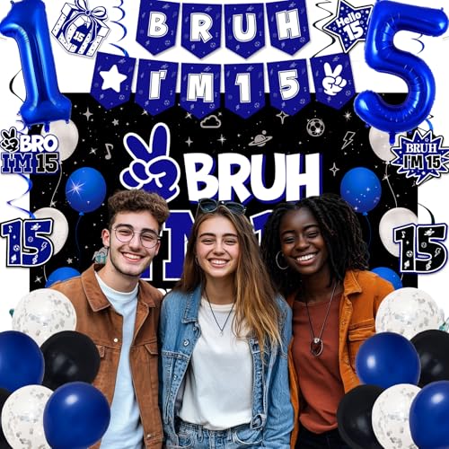 Image of 15th Birthday Decorations for Boys and Girls, Blue and Black Happy 15th Birthday Party Decorations, Bruh I'm 15 Backdrop, Foil Balloons 15, Banner, Balloons, Hanging Swirls, Birthday Card Set 41pcs