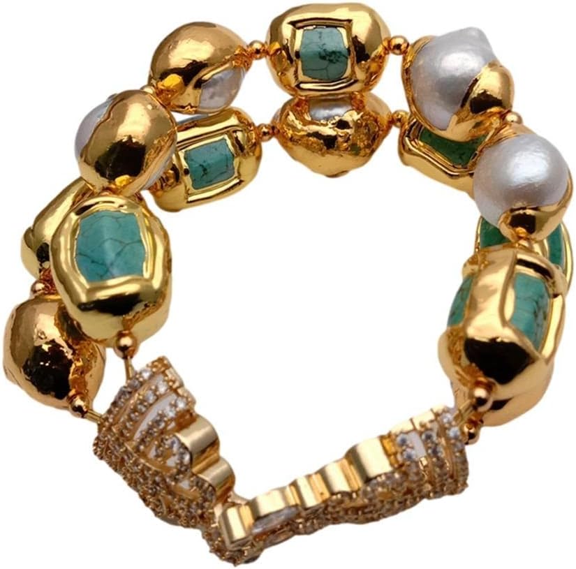 Green White Freshwater Pearl With Electroplated Edge Bracelet Cubic Zirconia Pave Clasp punk style for women