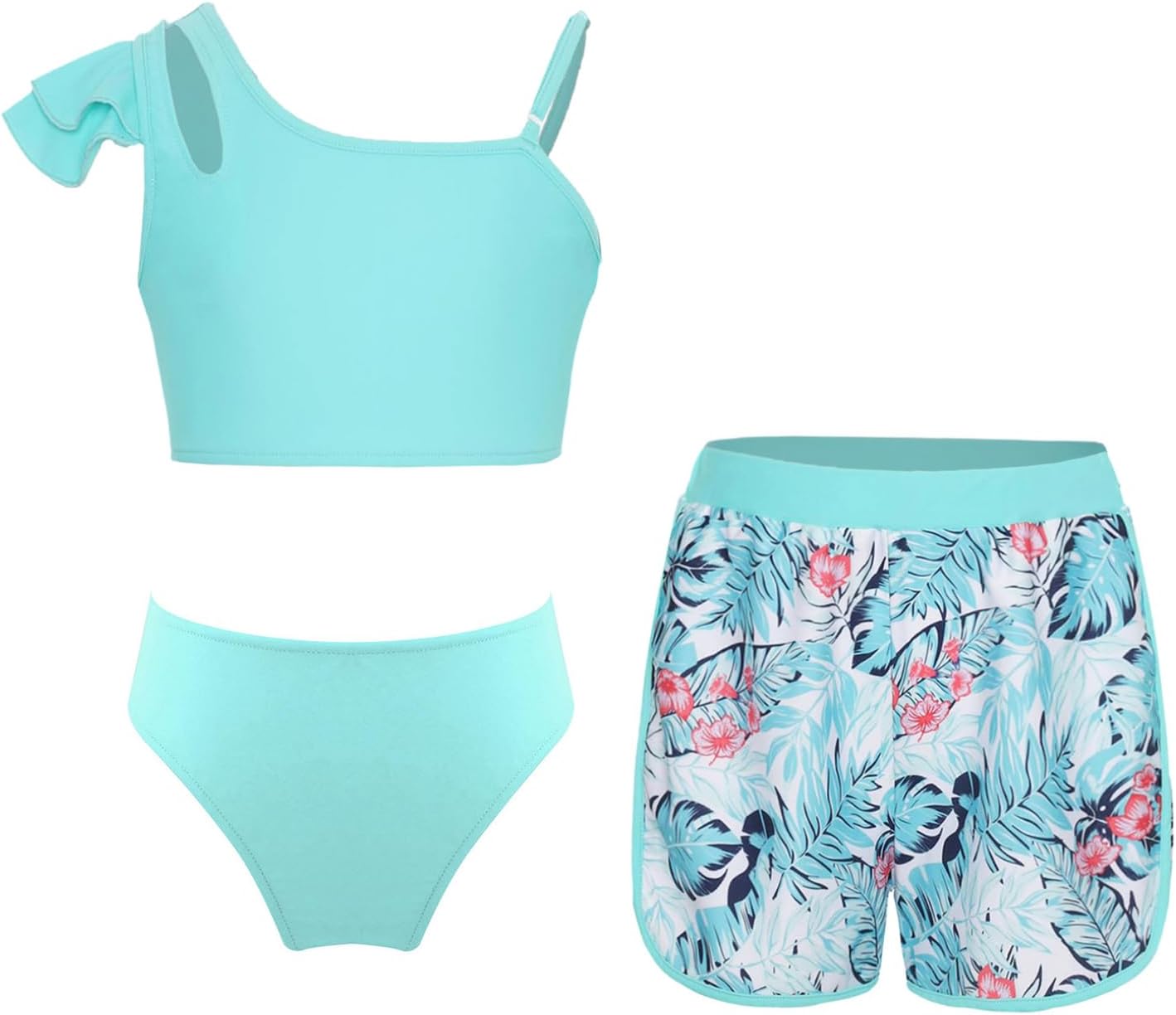 Choomomo 3Pcs Kids Girls Printed Swimsuit Set – Asymmetrical One-Shoulder Surfing Bathing Suit for Water Sports Beach & Pool