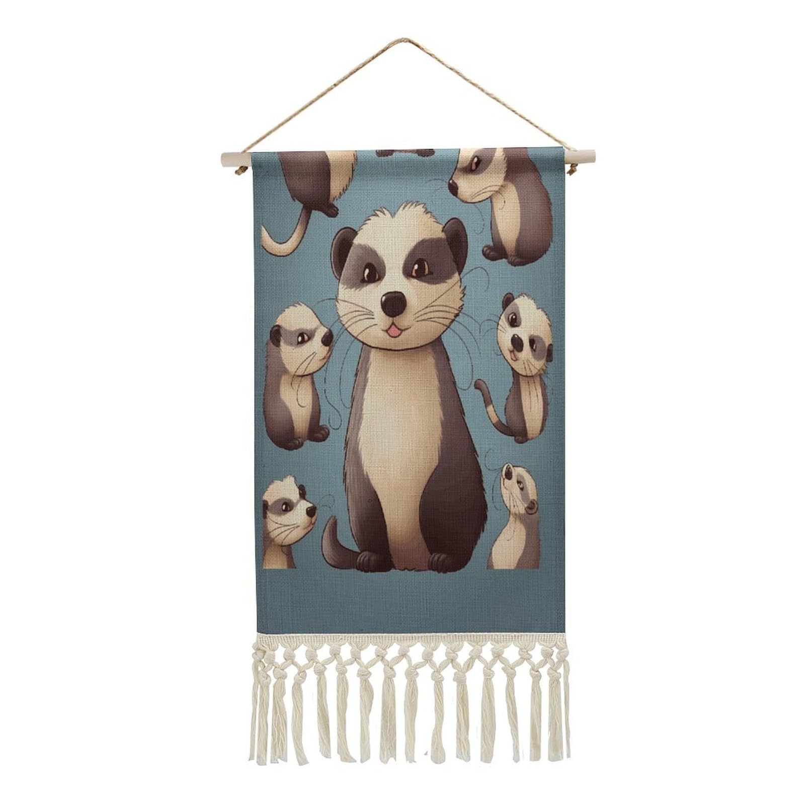 VstaDank Hairy Ferret Wall Art Decor with Tassels 20"x10" Cotton Linen Hanging Tapestry Decor Wall Art Prints Wood Frame Boho Wall Art Poster for Bedroom Living Room Office