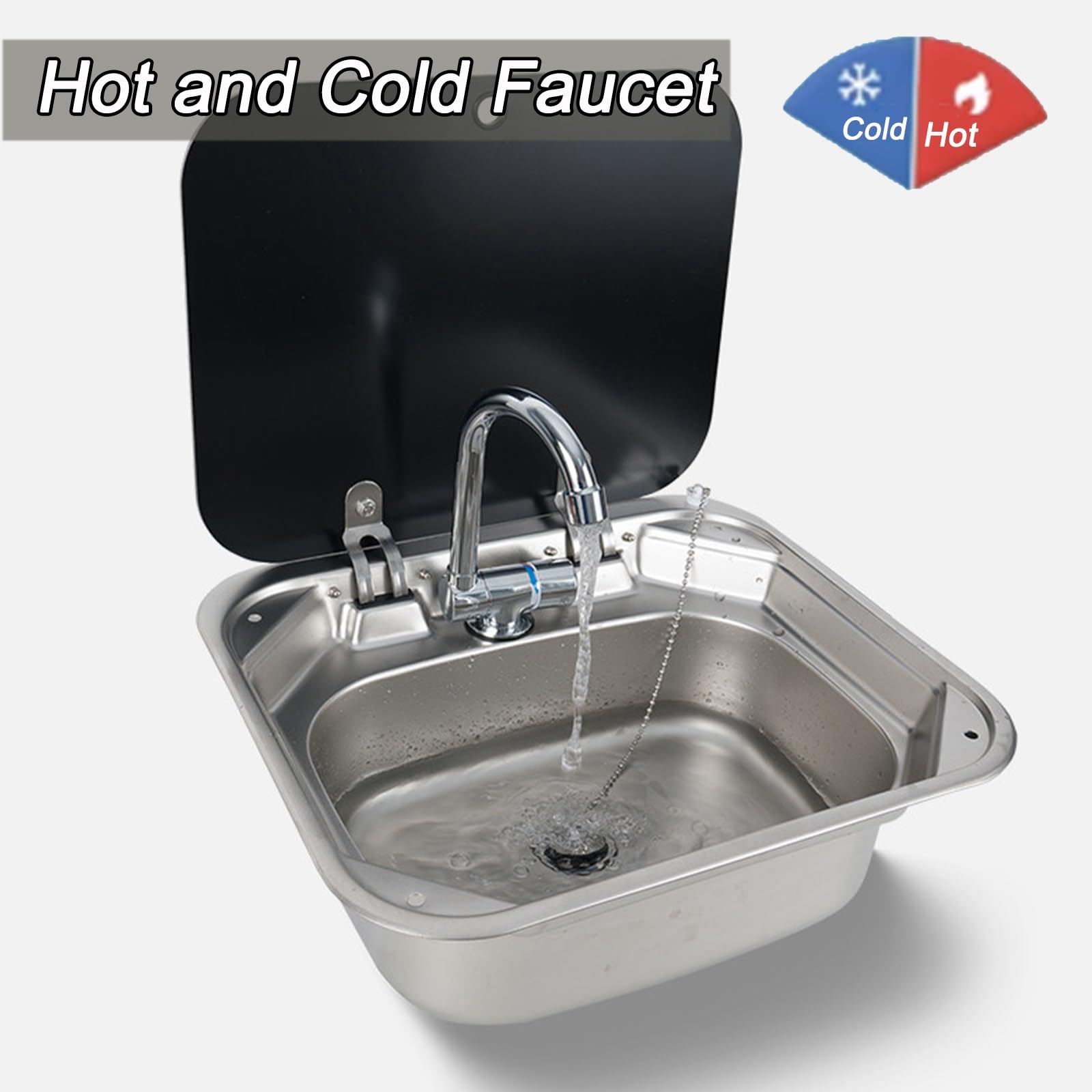 Fregadero Camper con Tapa, Lavabo Caravana con Grifo Plegable, Fregadero Empotrable, Material de Acero Inoxidable, Adecuado para Remolques y Caravanas