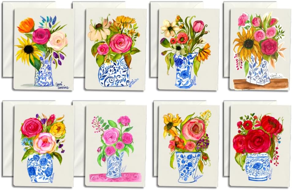 Jami Amerine Floral Greeting Cards with Envelopes, Original Art Prints, Pack of 8, Suitable for Framing as Fine Art