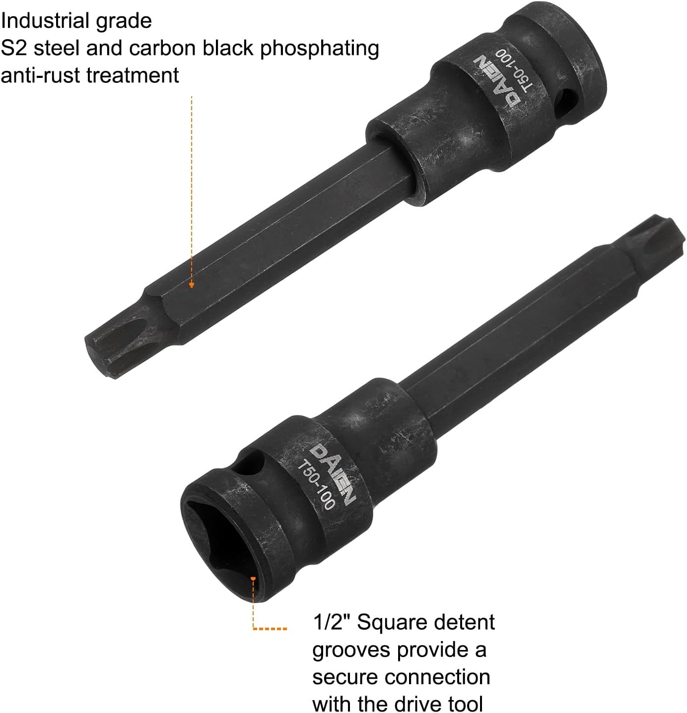 HARFINGTON T50 Torx Bit Socket 100mm/3.94" Length 1/2" Square Drive Star 6 Point Extension Impact Bit Power Nut Driver Set S2 Steel Socket Ratchet Wrench Bits, Black