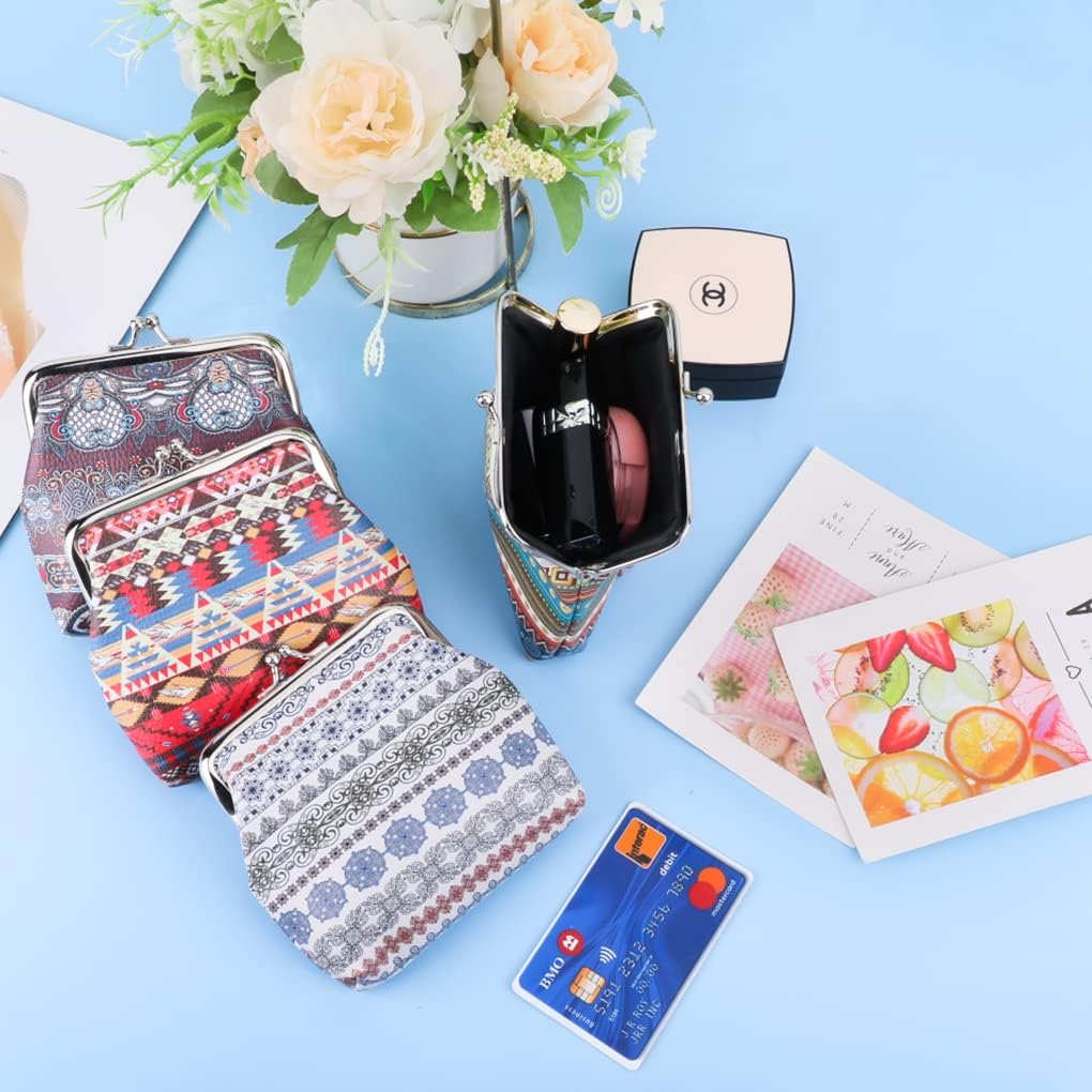 Oyachic 4 Packs Leather Coin Purse,Bohemia Wallet,Kiss Lock Clasp Change Pouch,Boho Buckle Money Bag for Women Key Card Holder