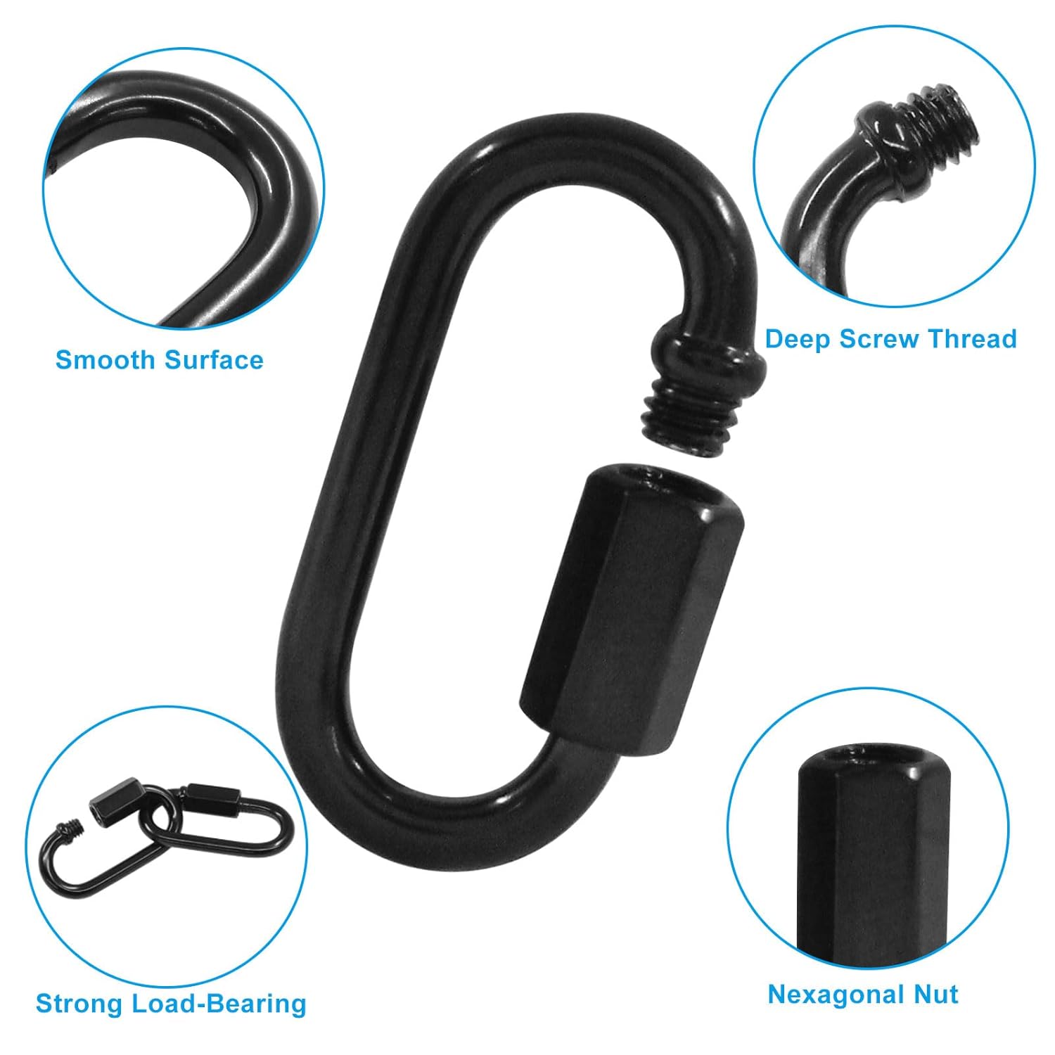 D Quick Link Chain Connector, M3.5 Black Heavy Duty Quick 1/8 Link Metal Carabiner Screw for Chandelier Lights and Outdoor Equipment, Pack of 4
