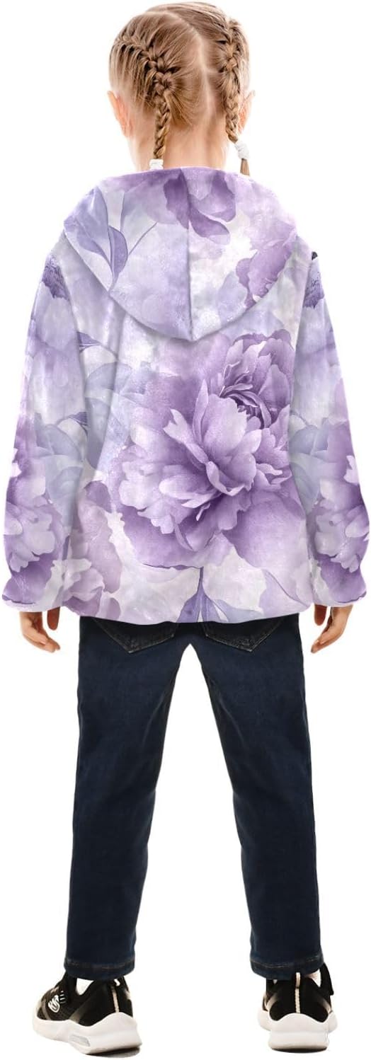 ALAZA Purple Peonies Floral Hoodie Jacket for Girls Toddler Fleece Zip Up Coat Plush Jacket for 3 Years