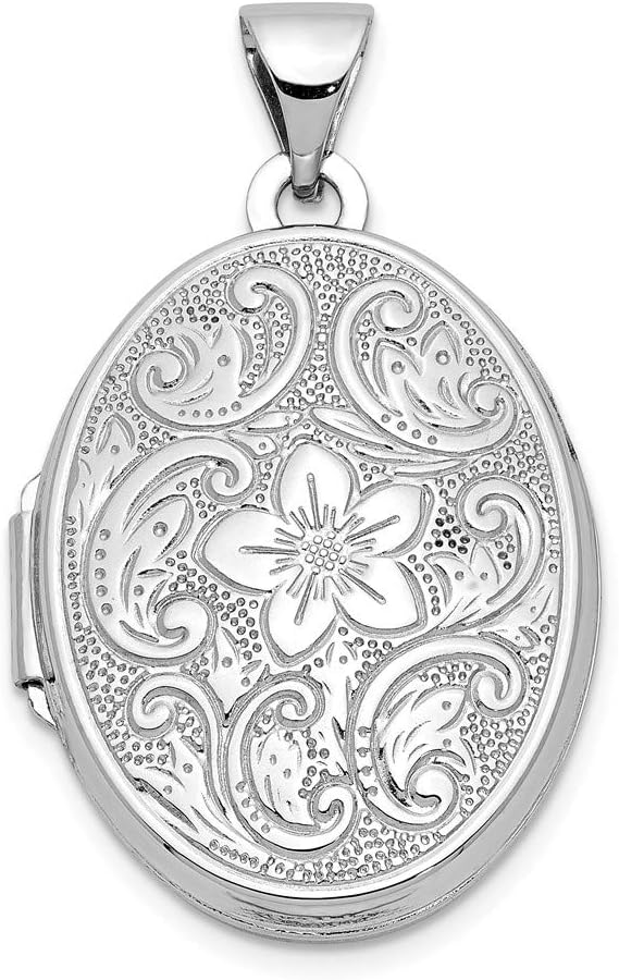 Solid 14K White Gold 21mm Oval Floral Scroll Border Locket