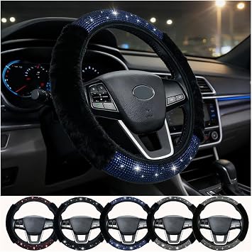 Bling Steering Wheel Cover for Women Girls, Blue Rhinestone Diamond Sparkling Fur Fluffy Steering Wheel Accessories Elastic Steering Wheel Covers Winter Warm Universal Fit 14-15 inches