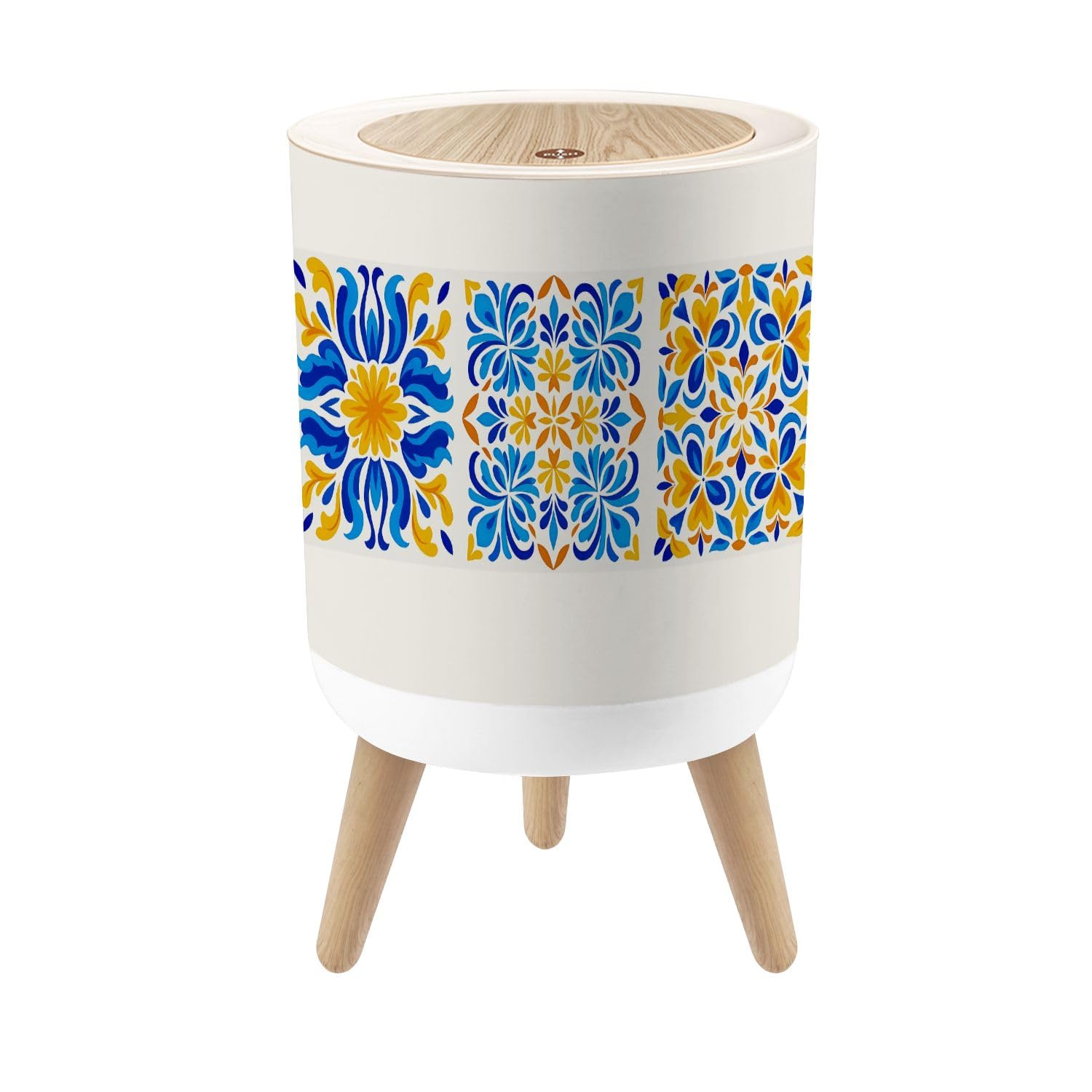 Bathroom Trash Can with Lid Italian Ceramic Tile Mediterranean Porcelain Pottery Ethnic Folk Garbage Bin Waste Basket for Kitchen Office Bedroom Decoration Diaper Pail 1.8 Gallon
