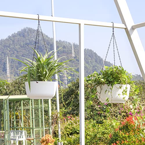 T4U 10 Inch Hanging Planters For Indoor Outdoor Plants, 2 Pack White Self Watering Hanging Plant Pot, Hanging Pots Set With Drainage Hole & Plug & Chain With 3 Hooks For Garden Home Decor #TOP7