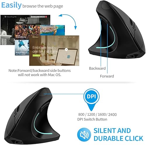 Miniatura 3 de Ratón vertical, para diestros 2.4 GHz, inalámbrico, ergonómico, recargable, vertical con 4 DPI ajustables 800120016002400, 6 botones, compatible con