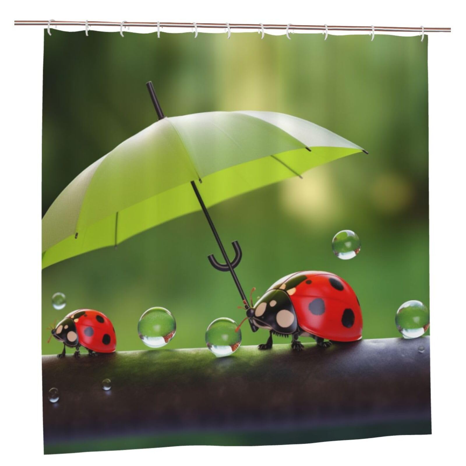 BWWHCCTI Adorable Ladybug With Umbrella Printed Shower Curtain With 12 Plastic Hooks Opaque Quick Drying Waterproof Shower Curtains Sets For Bathroom 183x183 CM