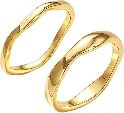 Wave Stackable Rings for Women, Simple 14K Gold Plated Band, Non-Tarnish Daily Jewelry, Size 5-10