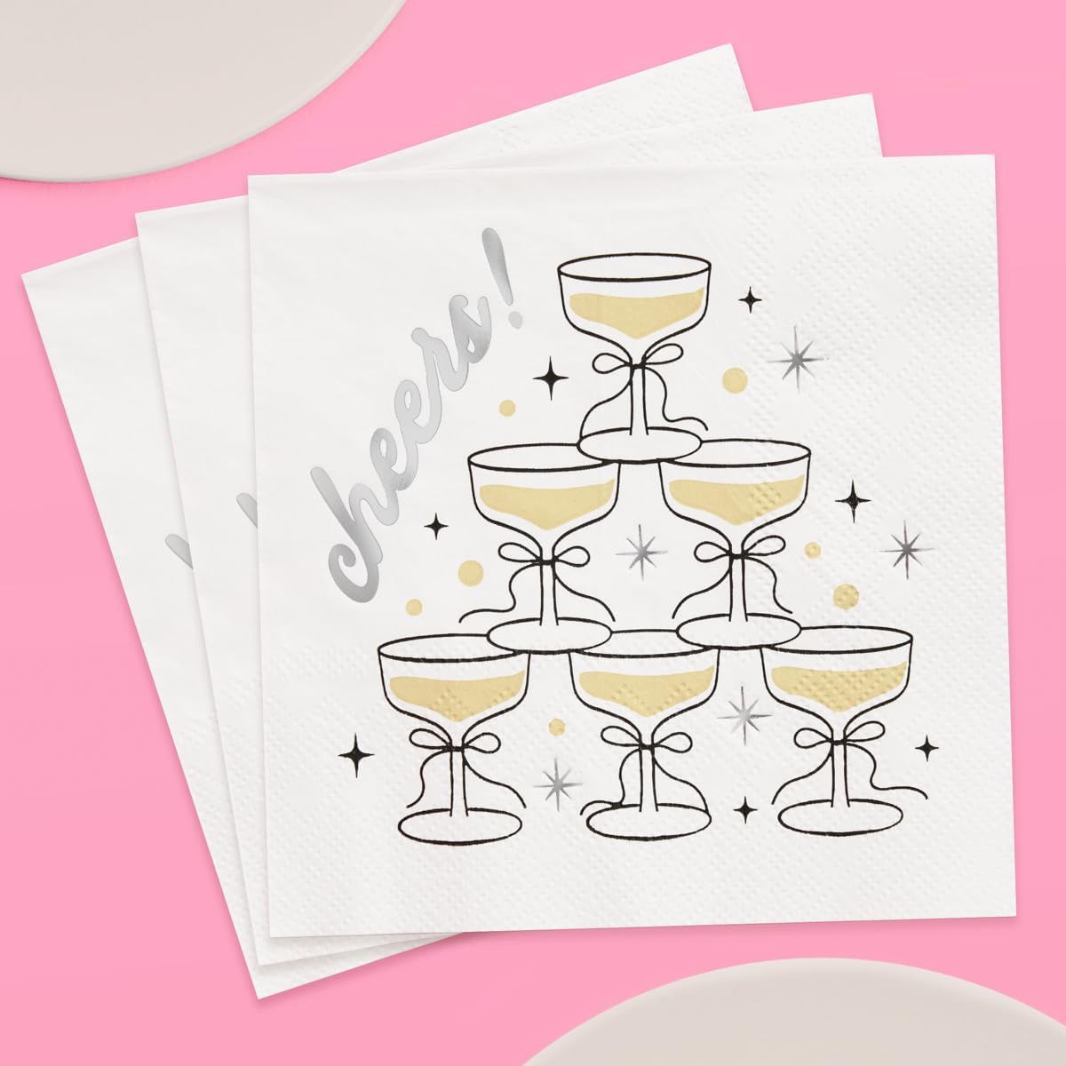 xo, Fetti Gold Foil Cheers Napkins | 3-ply, 50 pcs | Bachelorette Party Champagne Coupe Decorations, Birthday Party Decor, NYE Cocktail Supplies, Celebratory Tableware