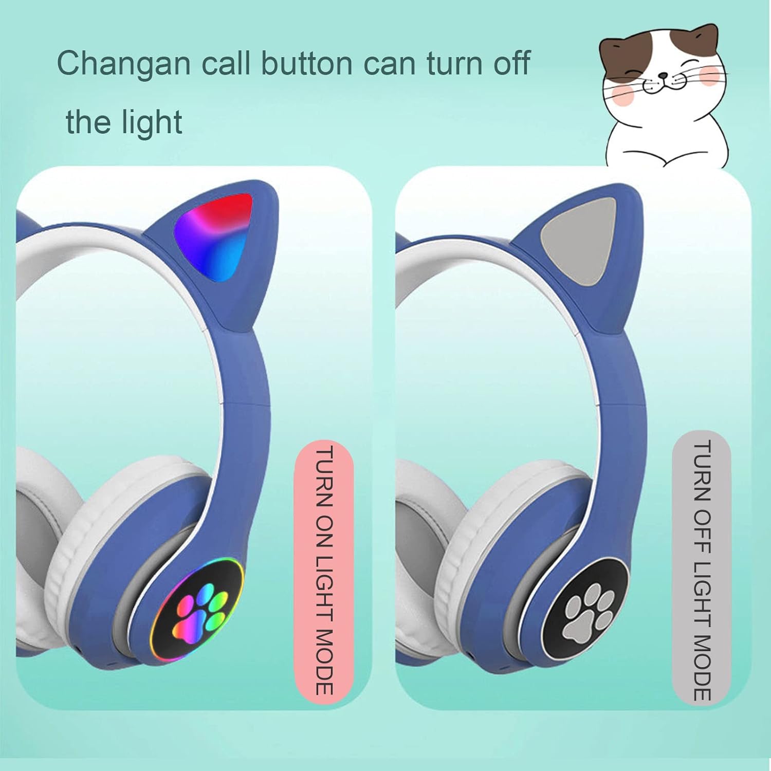 Headphones showing the cat ear lights in both on and off states