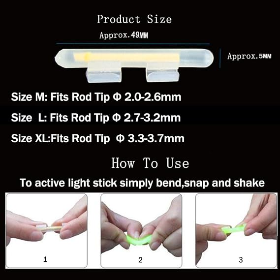 QualyQualy Clip-On Fishing Glow Sticks for Pole, Fishing Rod Tip Light Fishing Pole Light Sticks Bulk Kit 100 Pcs 20 Pcs