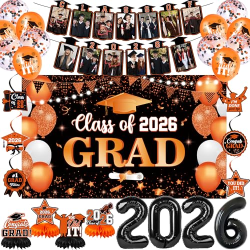 Image of Holkcog 2026 Graduation Decorations, Orange Themed Class of 2026 Congrats Graduation Banner Backdrop, Balloons, Paper Pompoms for Graduation Party Decorations, Outdoor Indoor Grad Party Decor Supplies