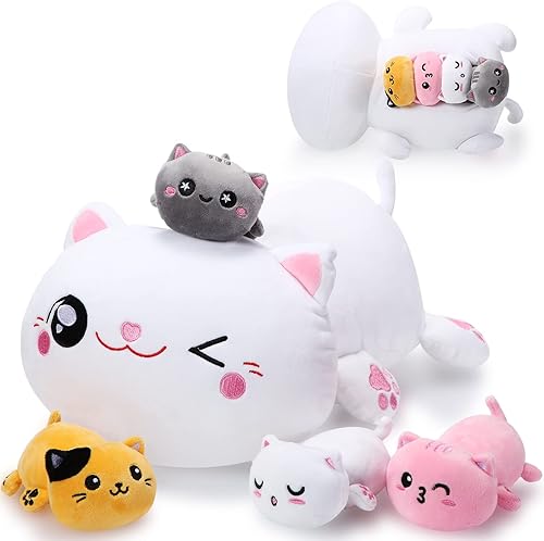 Libima 5 piezas de animales de peluche con bebés dentro del vientre, 1 gato de peluche mamá con 4 gatitos para regalos de fiesta de cumpleaños,