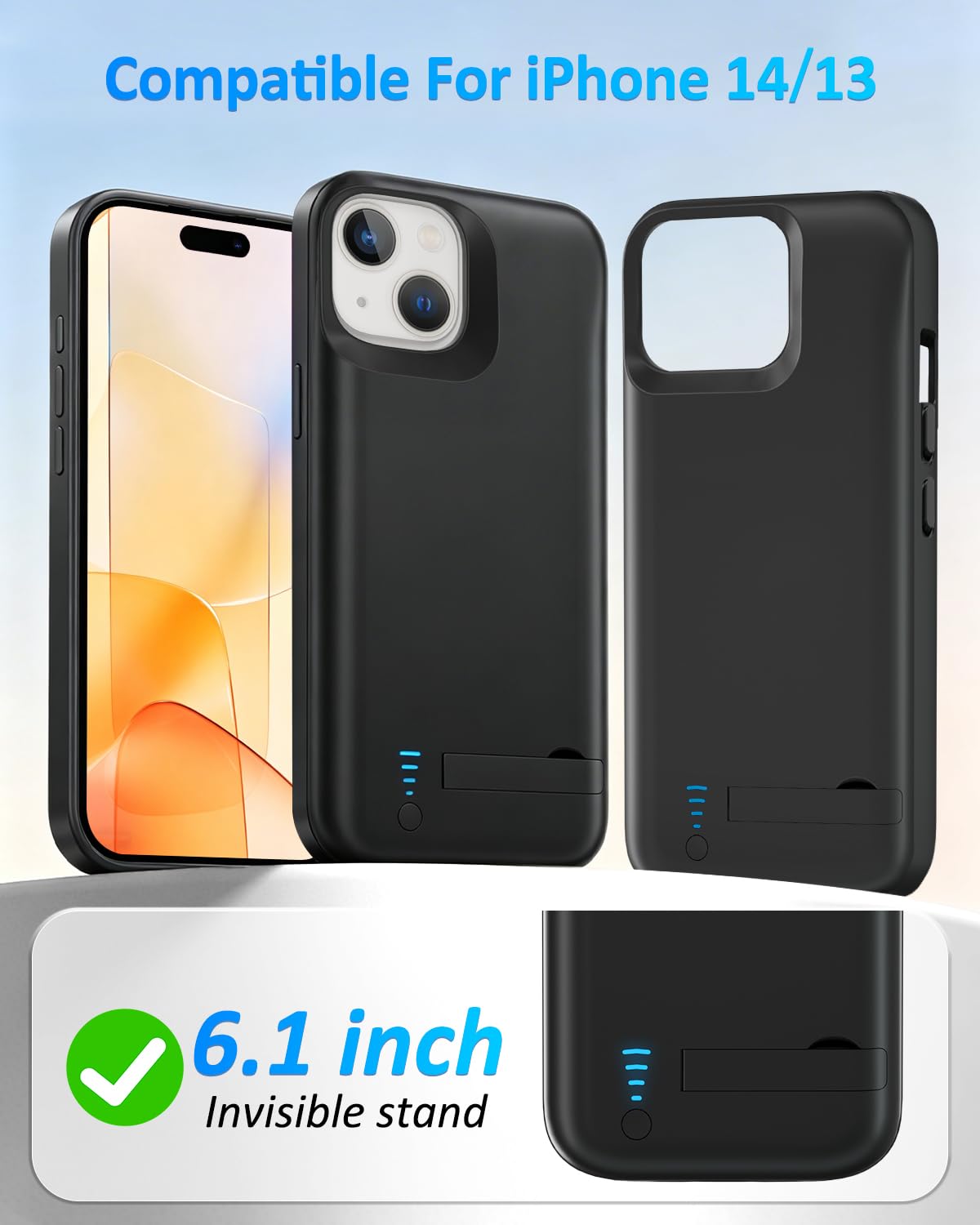 Akkuhülle für iPhone 14/13, 8500 mAh, wiederaufladbar, erweitertes Schnellladegerät, tragbare schützende Powerbank-Akku-Backup für iPhone 13/14 (6,1 Zoll), Schwarz