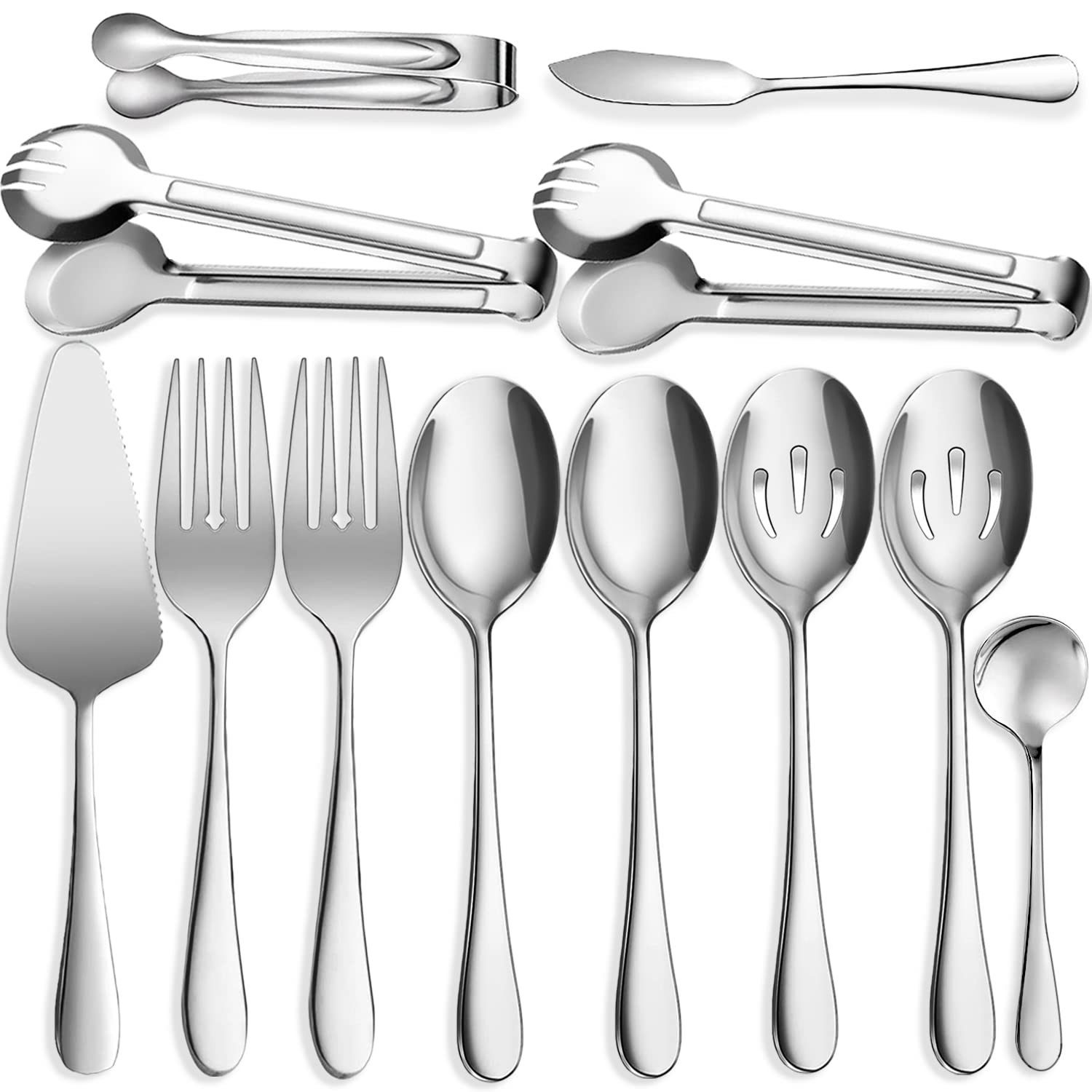 IAXSEE 12 PCS Stainless Steel Serving Utensils, Large Spoons Slotted Spoons Forks Tongs, Ice Suger Tongs, Pie Server, Butter Knife, Coffee Spoons, Great for Buffet Catering Banquet Party, Silver