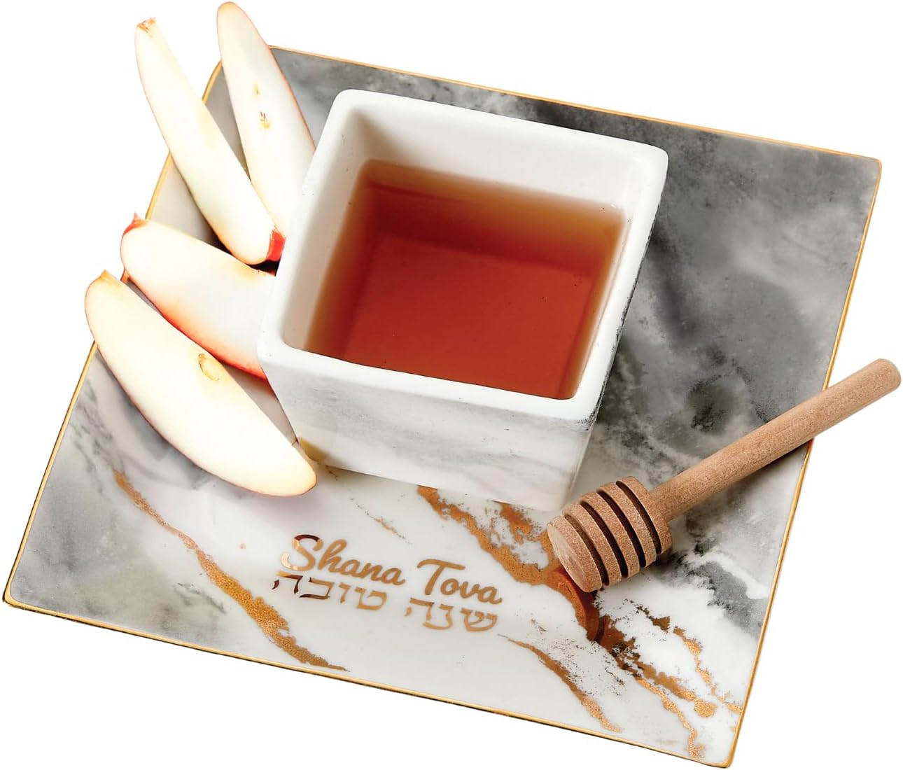 Rite Lite Rosh Hashanah Square Porcelain Apple & Honey Dish Set Jewish New Year Hostess Party Favors Serving Kitchen Accessories Shana Tova Decor Table Decorations Includes Wooden Honey Dipper!