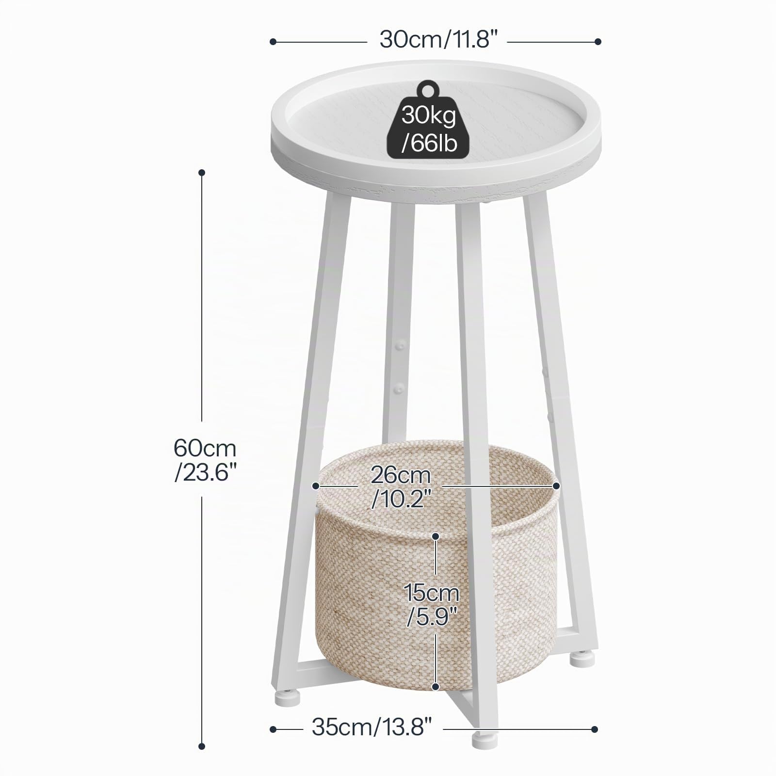 HOOBRO Table d’Appoint Ronde à 2 Niveaux, Petit Bout de Canapé avec Panier en Tissu, Table à Café avec barrière et Corbeille Beige, pour Petits espaces, Salon, Chambre, dortoir, Blanc EWW183BZ01