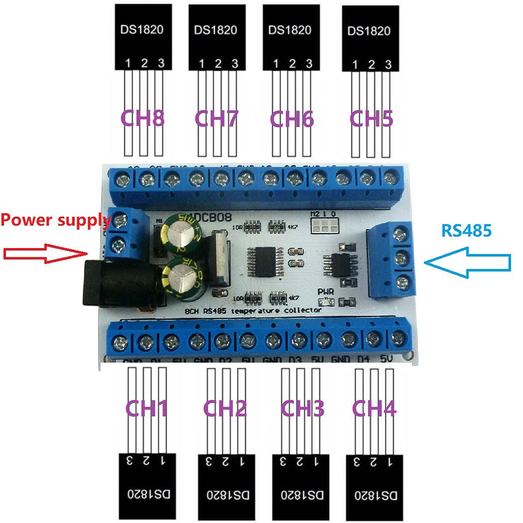 8CH DC 12V RS485 DS18B20 Temperature Sensor Temperature Acquisition Collector Module for Paperless Recorder PLC Configuration (5 PCS (Motherboard))