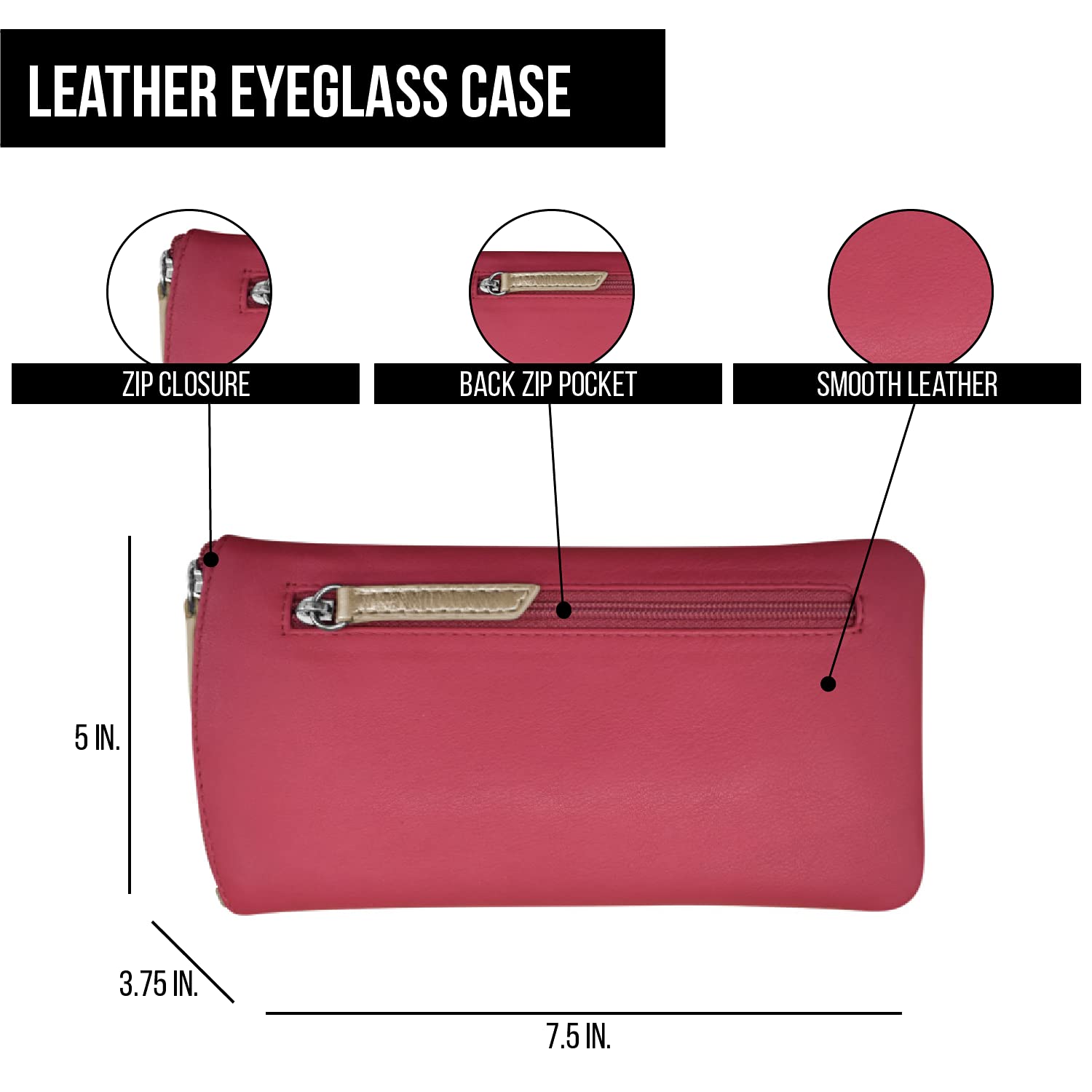 ili New York Smooth Leather Soft Eyeglass Case, Zip Closure with RFID Blocking Lining, Travel-Friendly in Vibrant Colors
