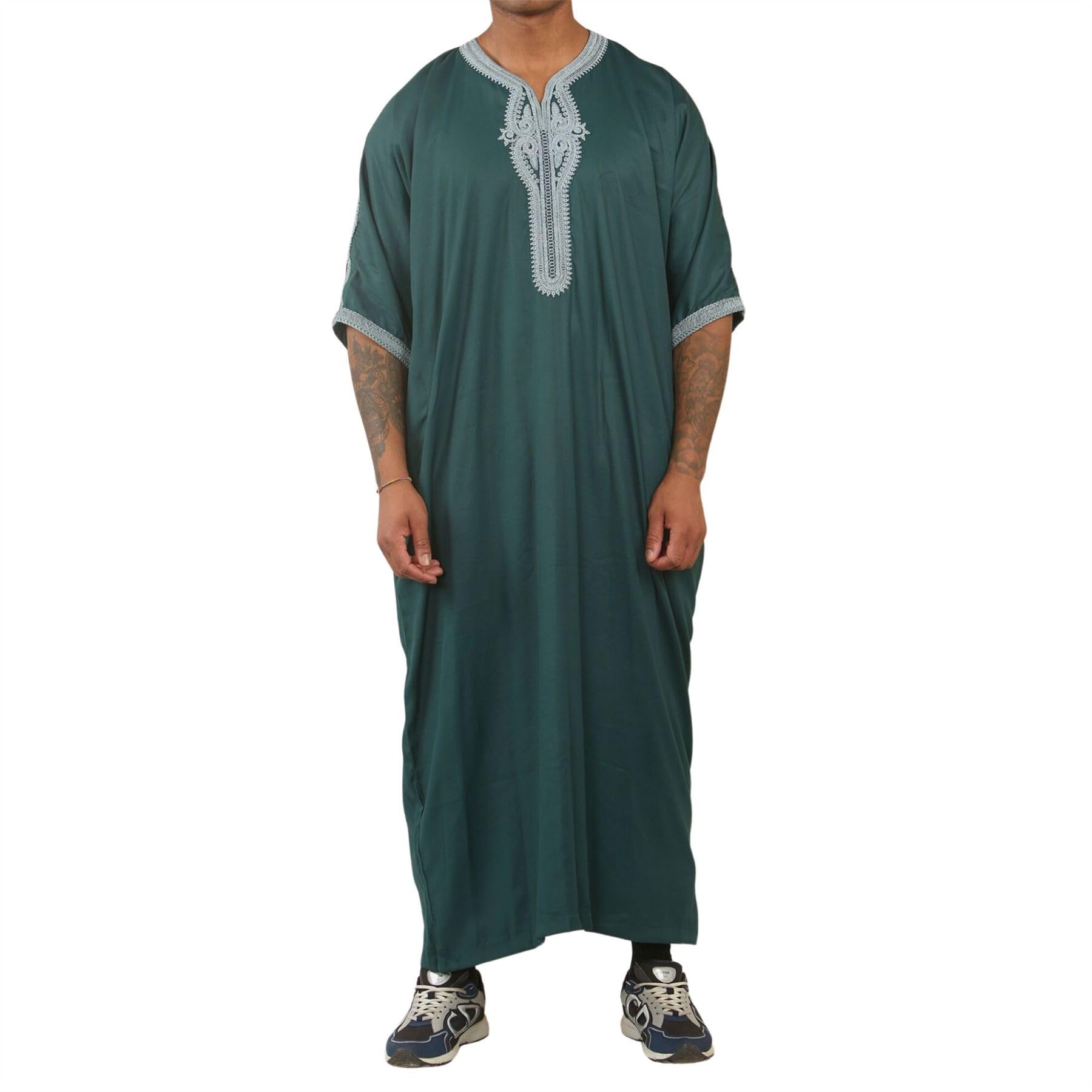 Thobez Men's Green Hm60 - Moroccan Thobe Short Sleeve Embroidery Gandoura - 60
