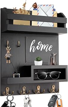 Large Key and Mail Holder Wall Mount, 12.5x16.5 Inch Solid Wood Key Racks for Entryway, Front Door, Hallway, Wall Organizer Matte Black