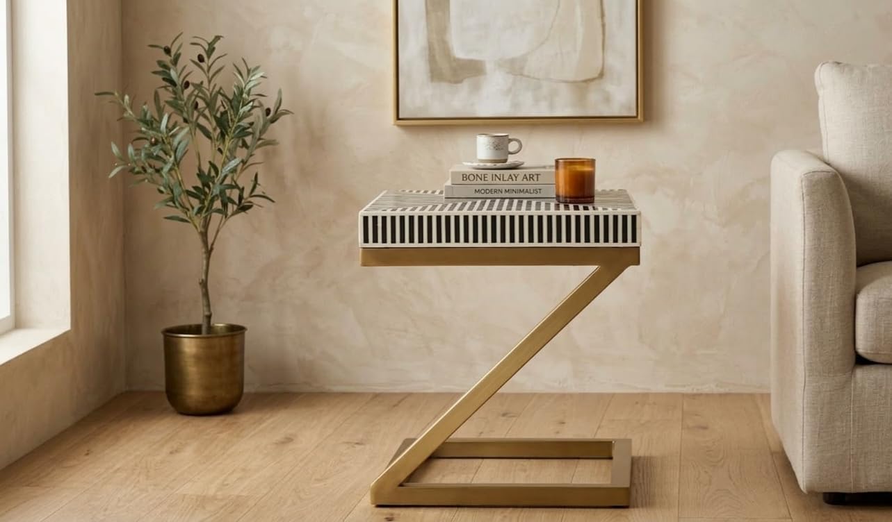 Black and White Striped Bone Inlay Side Table with Golden Z Metal Stand, Handmade Bone Inlay End Table, Luxury Accent Table, Color Available-image-16
