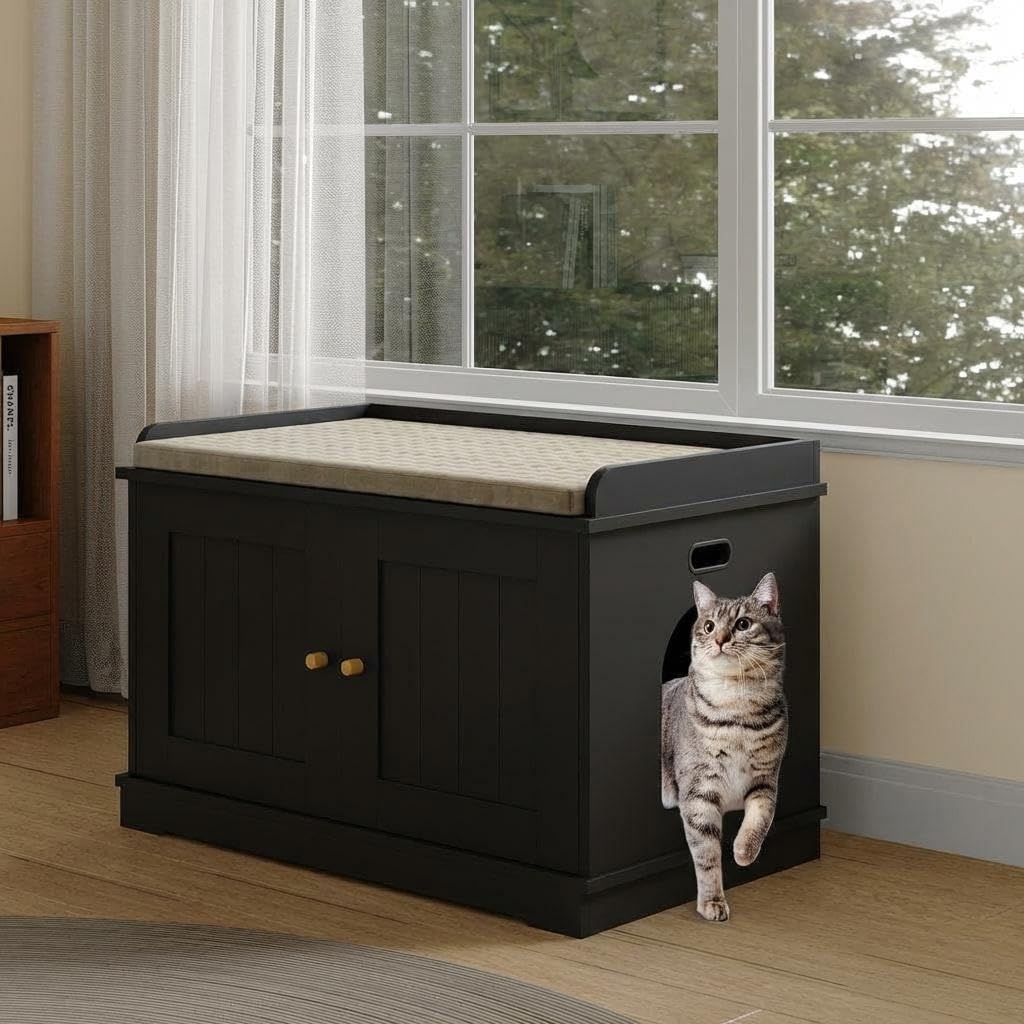 Modern Cat Litter Box Enclosure Furniture – Hidden Wooden Litter Box Cabinet with Double Doors & Barn Door – Indoor Cat Washroom End Table – Dog Proof Pet House – Fits Most Litter Boxes