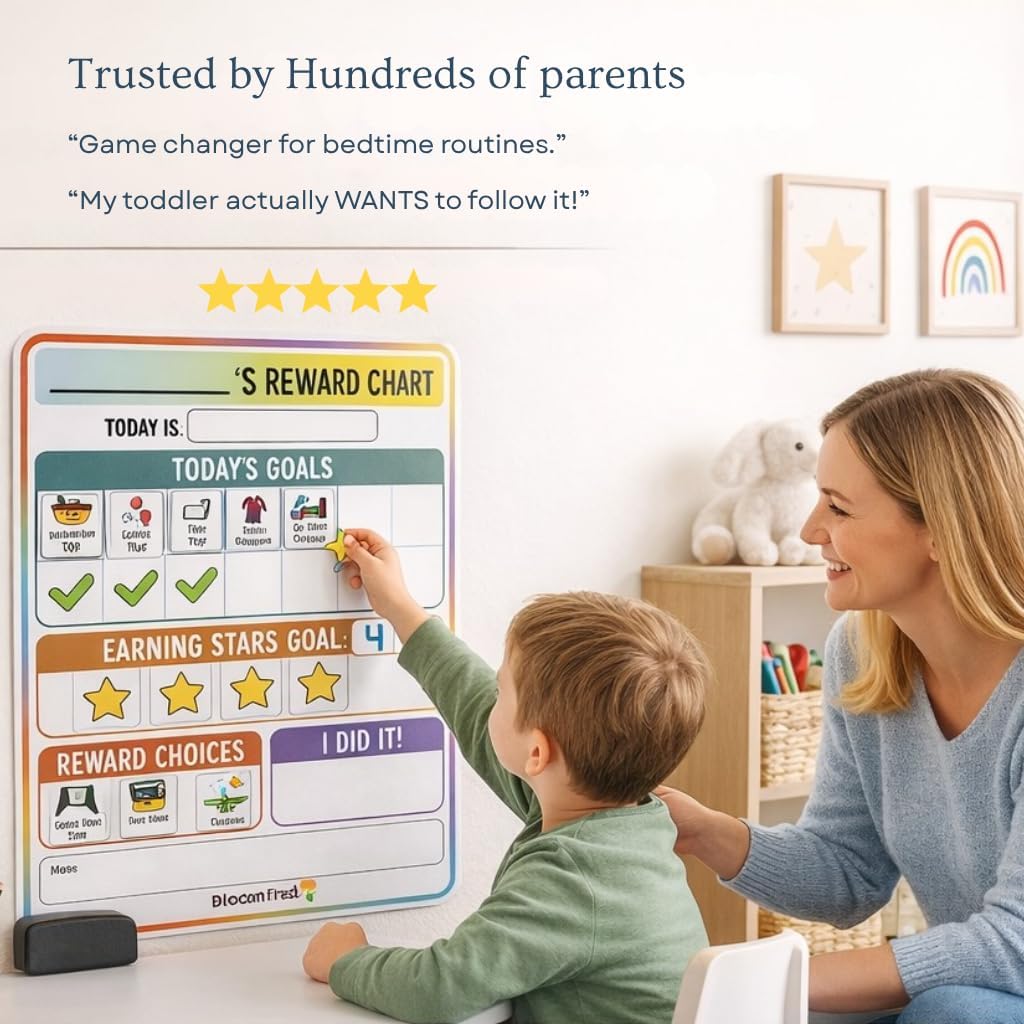 Reward Charts for Toddlers – Magnetic Daily Routine & Behavior Chart for Kids, Positive Reinforcement System for Home & Classroom, 70 Magnets, Dry Erase Board
