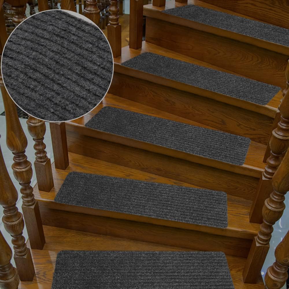 ICDLTJ Stair Carpet treads, Stair Mats Set of 15 non slip stair treads 30"x8" Anti Moving Grip Safety Staircase Step Treads for Kids Elders and Dog (Deep Grey, Stripe)