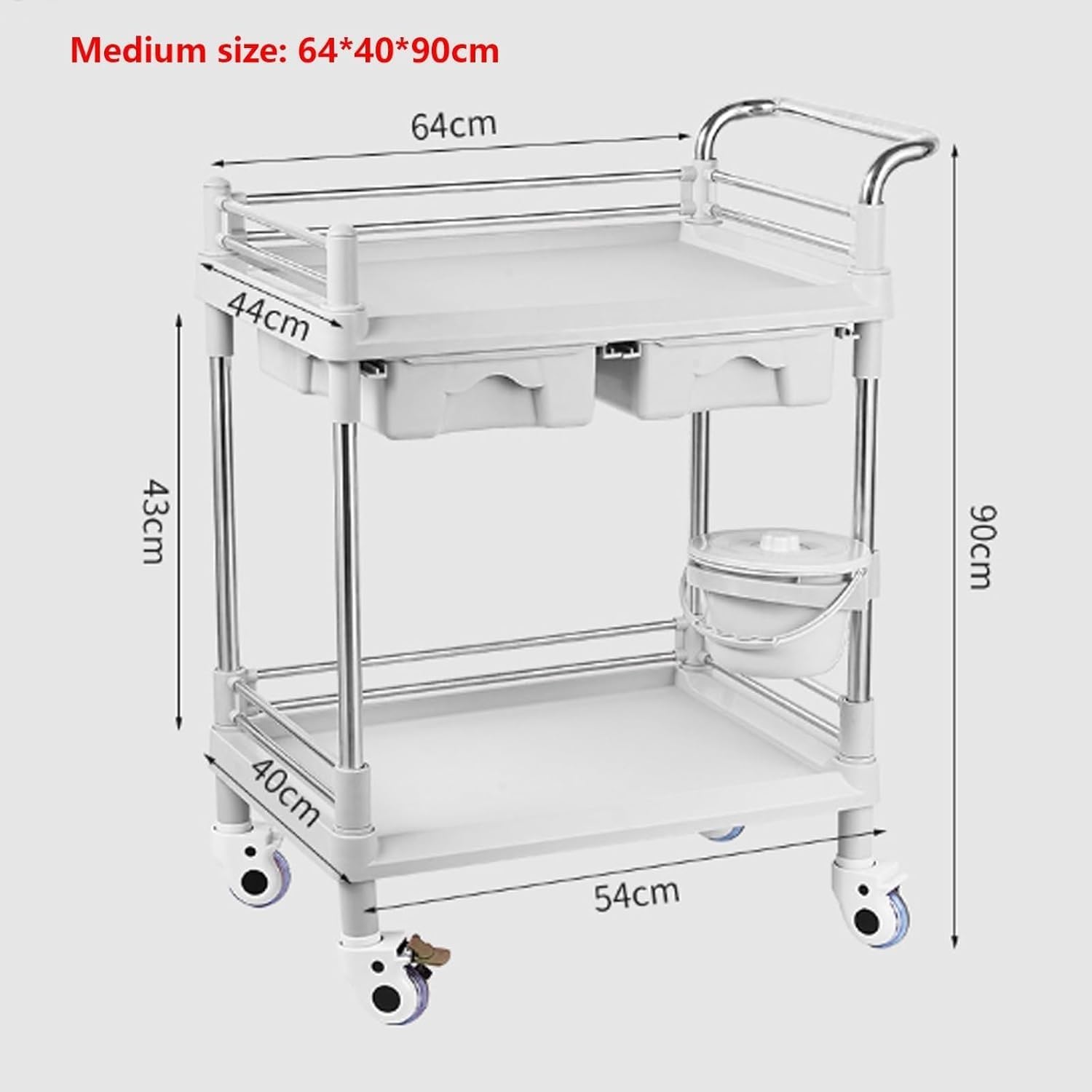 Medical Trolley with 2/3 Layers and 2 Drawers, Spa Lab Trolley Spacious Beauty Salon Rolling Equipment Maintenance Trolley with Dirt Buckets(2 Layer,Medium)
