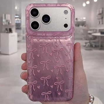 Coverzone İPhone 17 Pro Max İle Uyumlu Yüksek Kalite Özel Tasarım Hologramlı Kurdele Desenli Sert Silikon Şık Telefon Kılıfı Pembe İdb-264