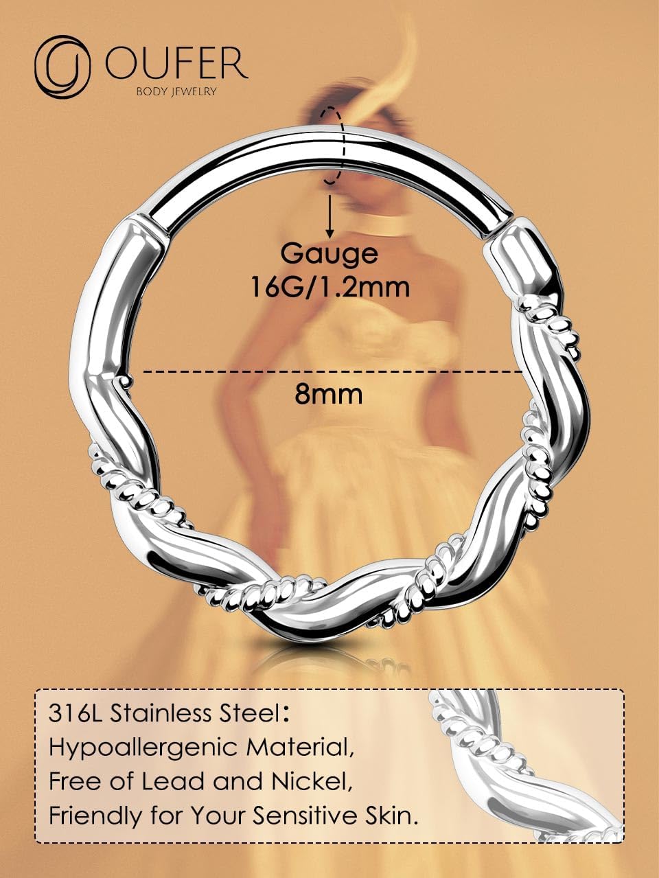 OUFER 16G Daith Piercing Jewlery, 316l Surgical Steel Helix Piercing Jewelry, Daith Earrings, Helix Hoop Earrings for Women, Conch Rook Septum Piercing Jewelry - Image 5