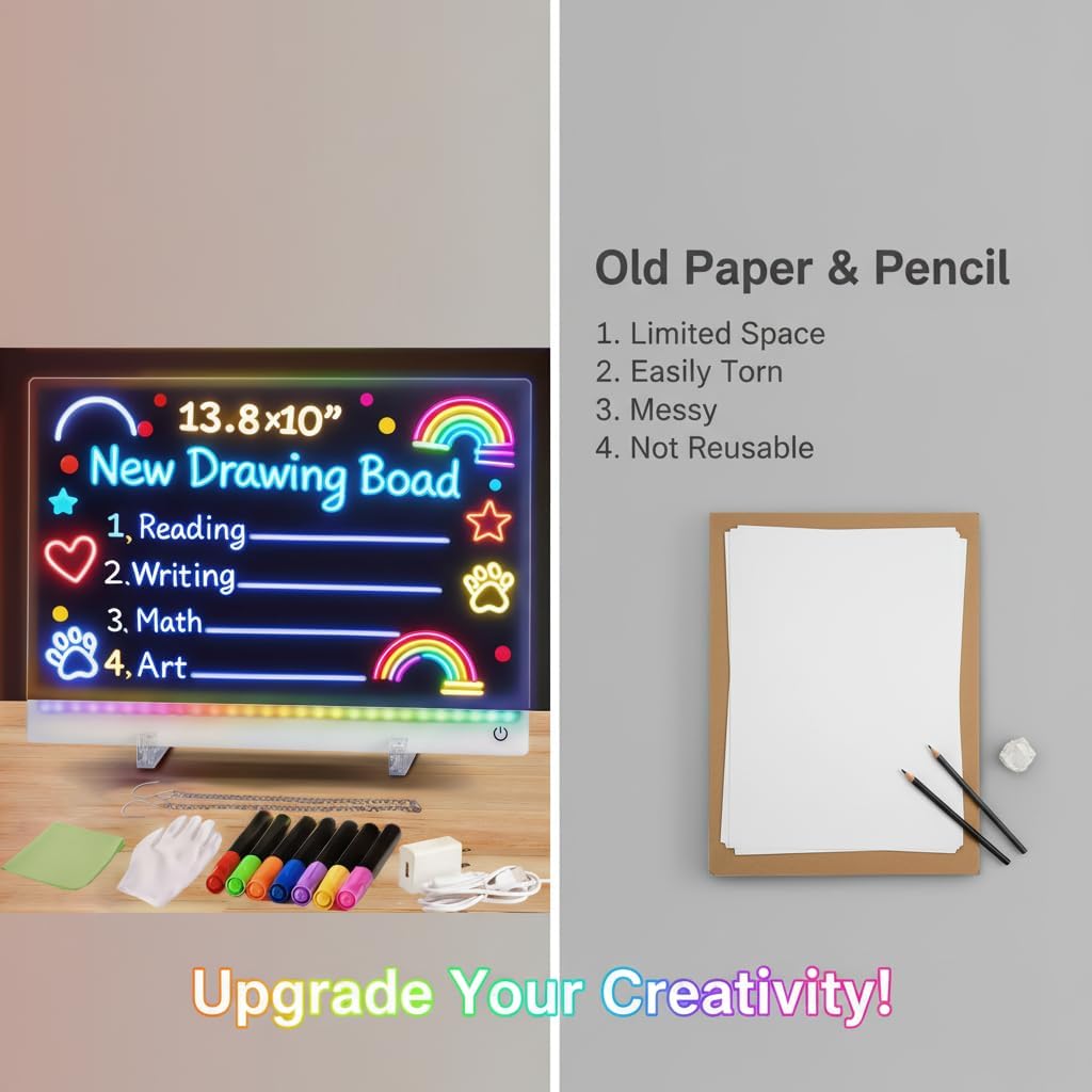 2026 New LED Drawing Board for Kids,Creative Rewritable Acrylic LED Message Board,13.8"X10" Light up Drawing Board with 7 Colored Brushes and a Full Set of Tools,Supports 7 Colors and 4 Modes