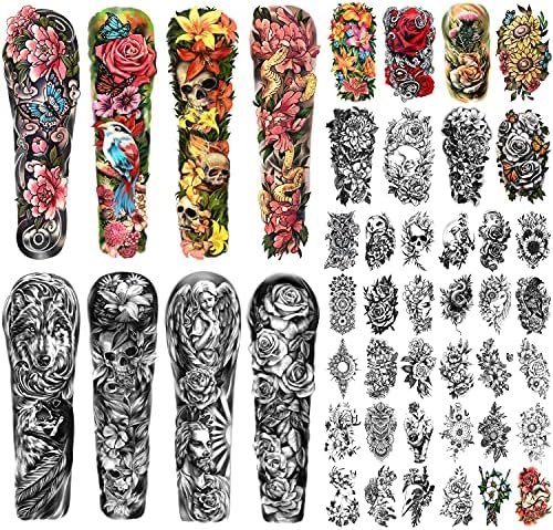 SOOVSY 46 Sheets Full Arm Temporary Tattoo with Skull, Temporary Tattoo Sleeves for Men, Sleeve Tattoos Temporary Realistic Full Sleeve Temporary Tattoos Semi Permanent Tattoo for Women Fake Tattoos That Look Real